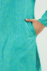 Men Teal Blue Cotton Solid Woven Design Straight Kurta MKU1095