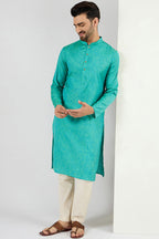 Men Teal Blue Cotton Solid Woven Design Straight Kurta MKU1095