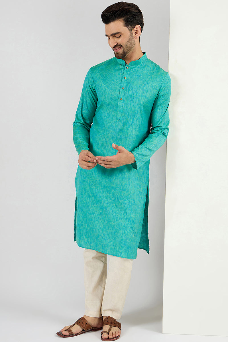Men Teal Blue Cotton Solid Woven Design Straight Kurta MKU1095