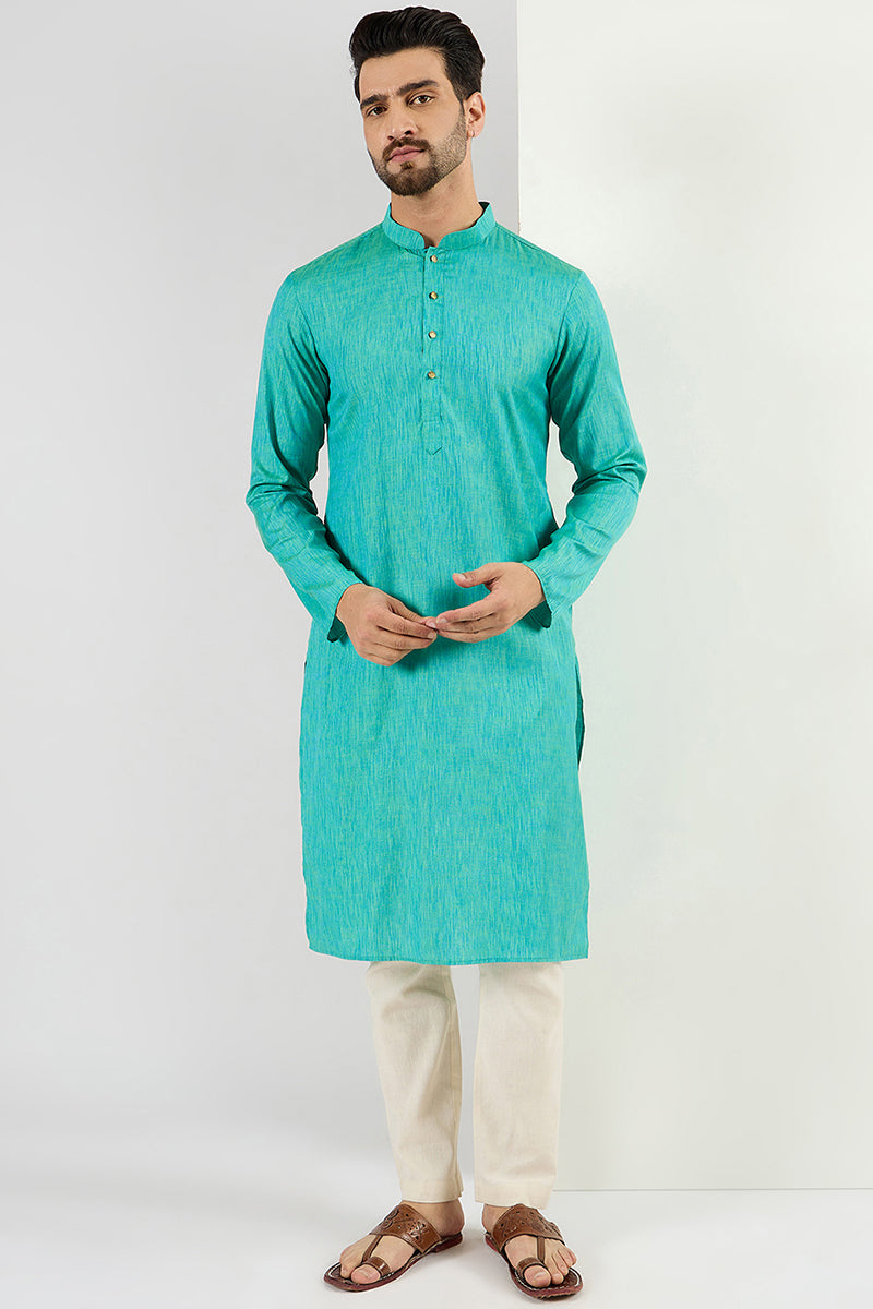 Men Teal Blue Cotton Solid Woven Design Straight Kurta MKU1095