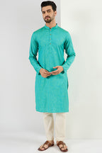 Men Teal Blue Cotton Solid Woven Design Straight Kurta MKU1095