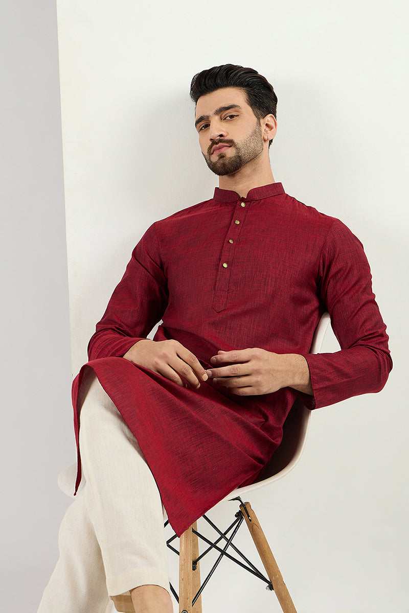 Men Maroon Cotton Solid Woven Design Straight Kurta MKU1096