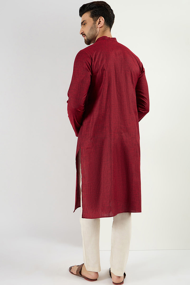 Men Maroon Cotton Solid Woven Design Straight Kurta MKU1096