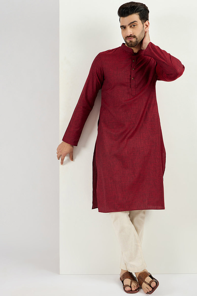 Men Maroon Cotton Solid Woven Design Straight Kurta MKU1096