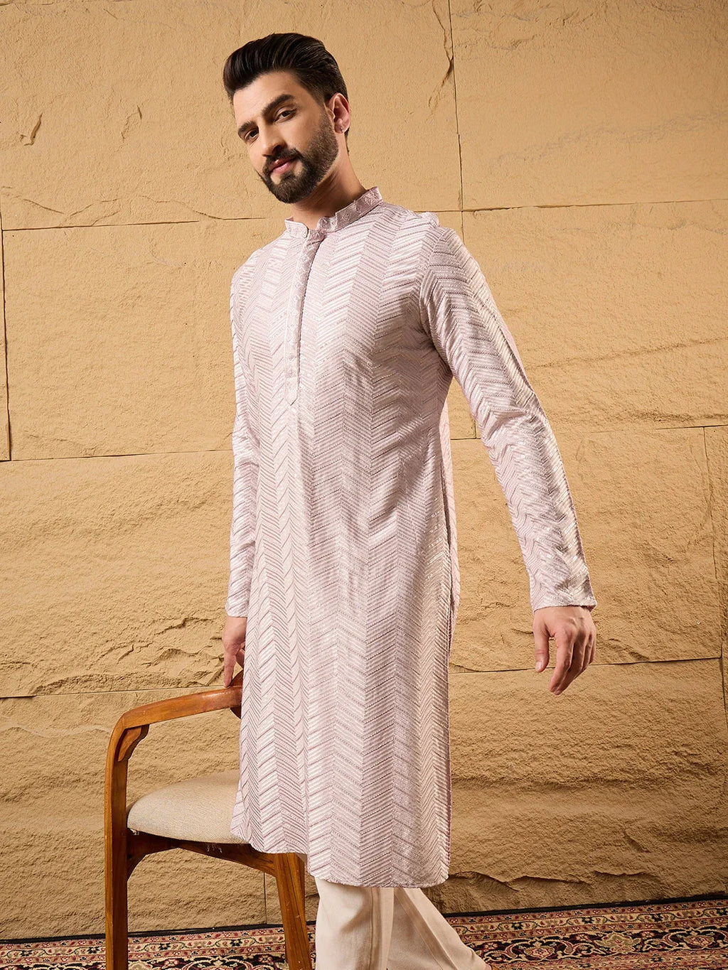 Men Lavender Viscose Rayon Chevron Embroidered Straight Kurta-MKU1101