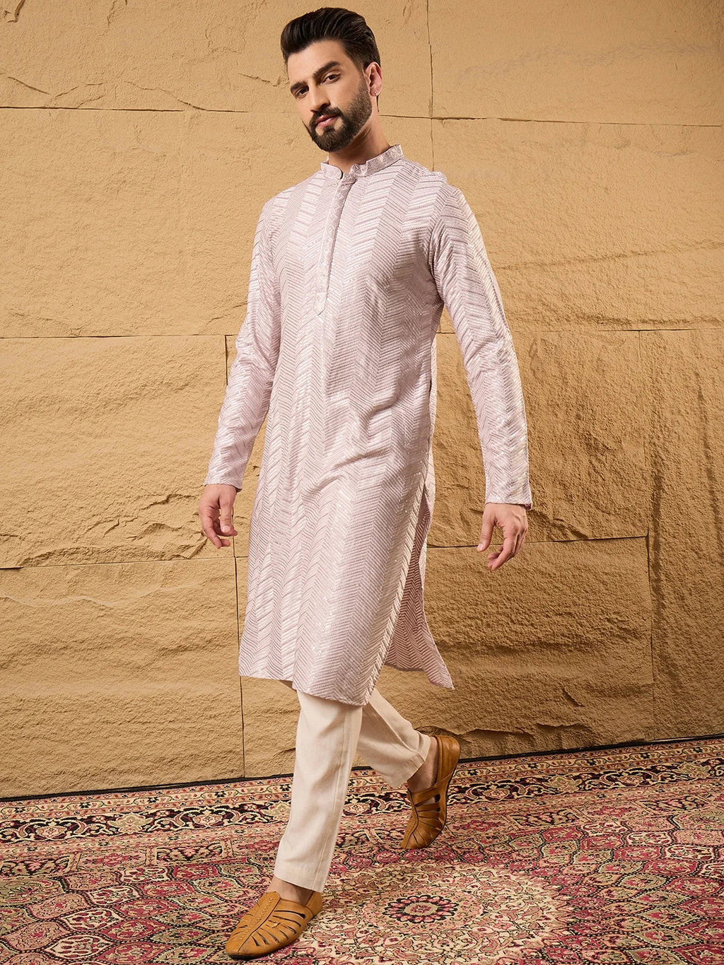 Men Lavender Viscose Rayon Chevron Embroidered Straight Kurta-MKU1101
