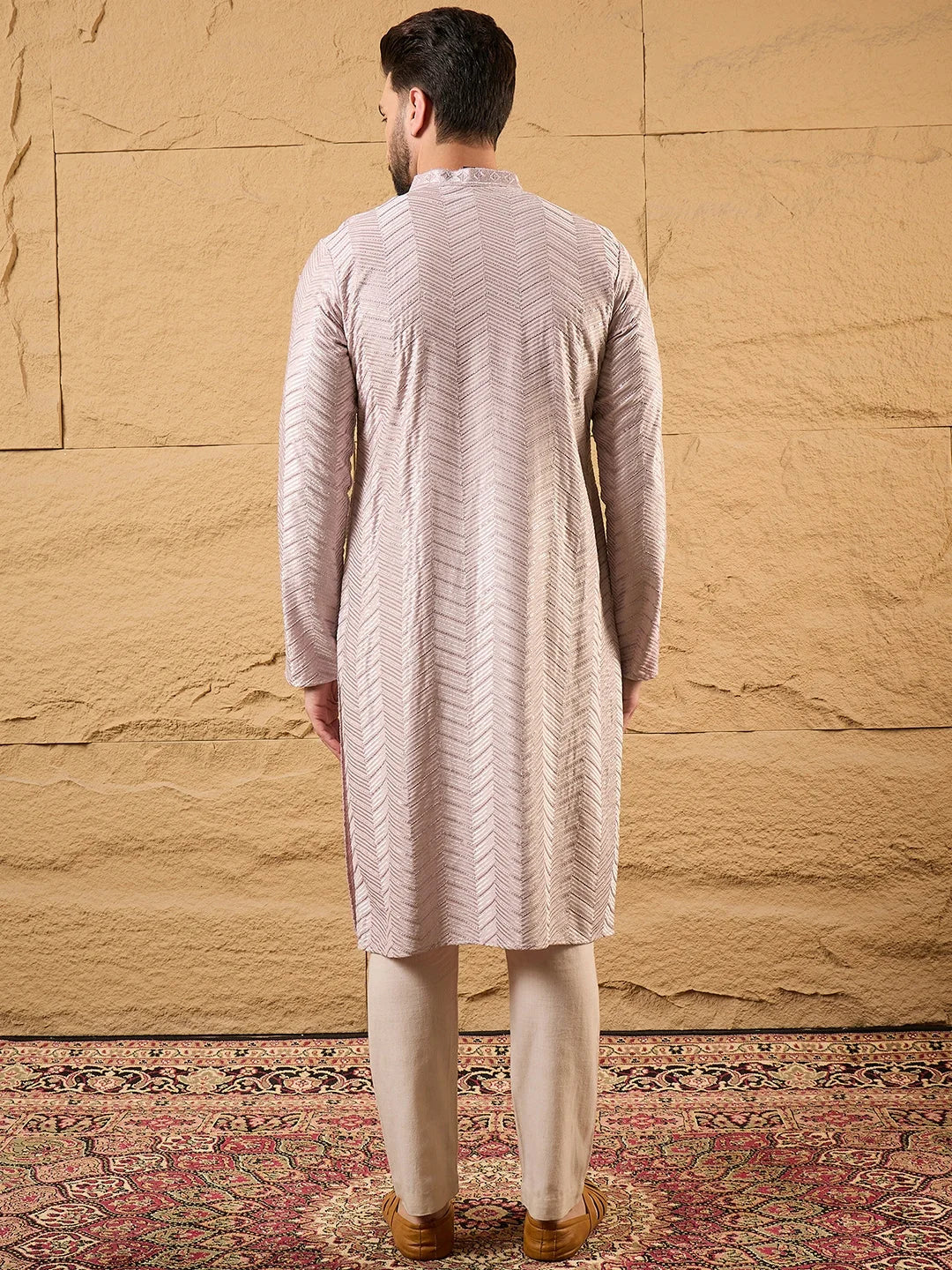 Men Lavender Viscose Rayon Chevron Embroidered Straight Kurta-MKU1101