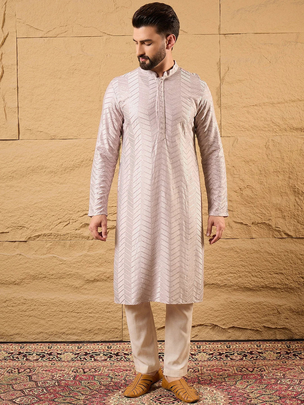 Men Lavender Viscose Rayon Chevron Embroidered Straight Kurta-MKU1101