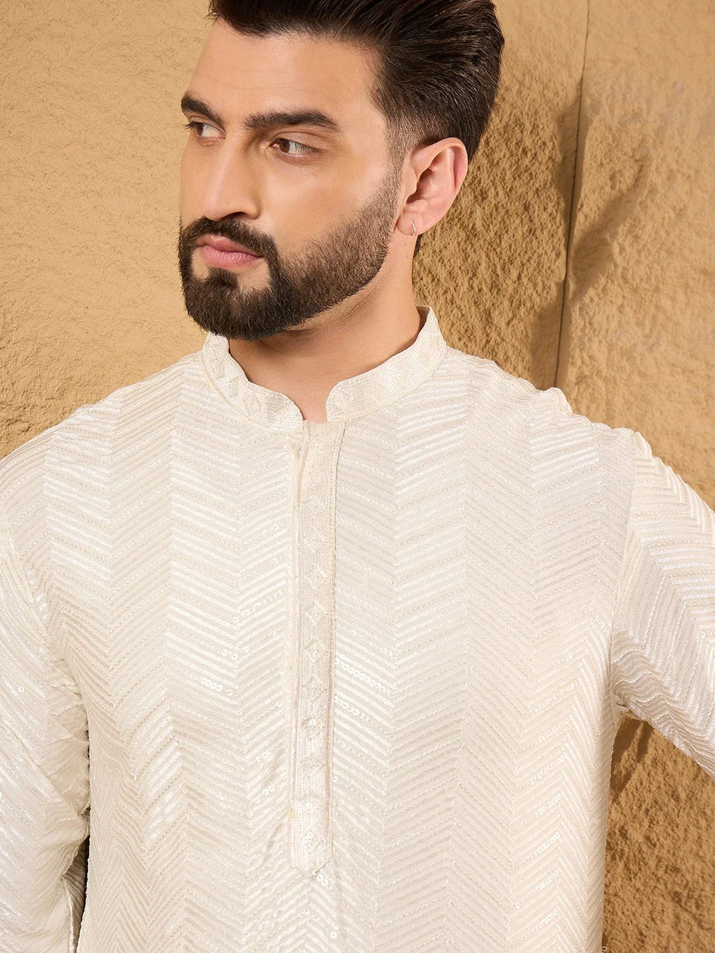 Men Off White Viscose Rayon Chevron Embroidered Straight Kurta-MKU1102