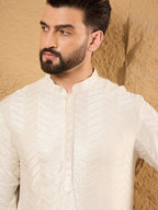 Men Off White Viscose Rayon Chevron Embroidered Straight Kurta-MKU1102