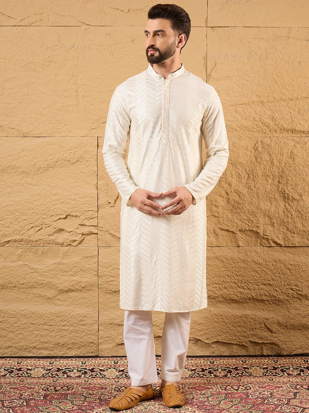 Men Off White Viscose Rayon Chevron Embroidered Straight Kurta-MKU1102