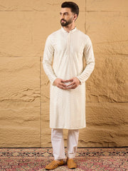Men Off White Viscose Rayon Chevron Embroidered Straight Kurta-MKU1102