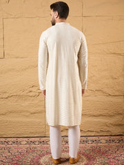 Men Off White Viscose Rayon Chevron Embroidered Straight Kurta-MKU1102