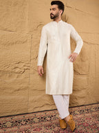 Men Off White Viscose Rayon Chevron Embroidered Straight Kurta-MKU1102