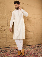 Men Off White Viscose Rayon Chevron Embroidered Straight Kurta-MKU1102