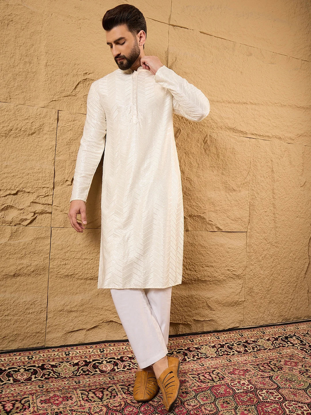 Men Off White Viscose Rayon Chevron Embroidered Straight Kurta-MKU1102