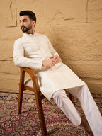 Men Off White Viscose Rayon Chevron Embroidered Straight Kurta-MKU1102