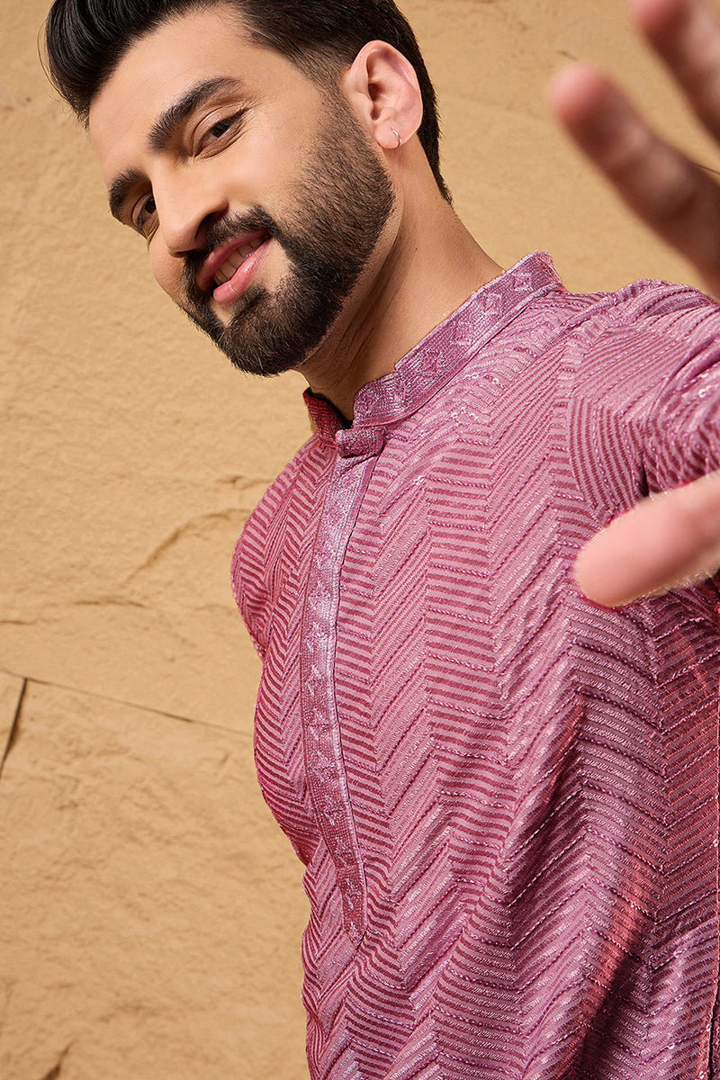 Pink Viscose Rayon Solid Embroidered Straight Kurta For Men MKU1103
