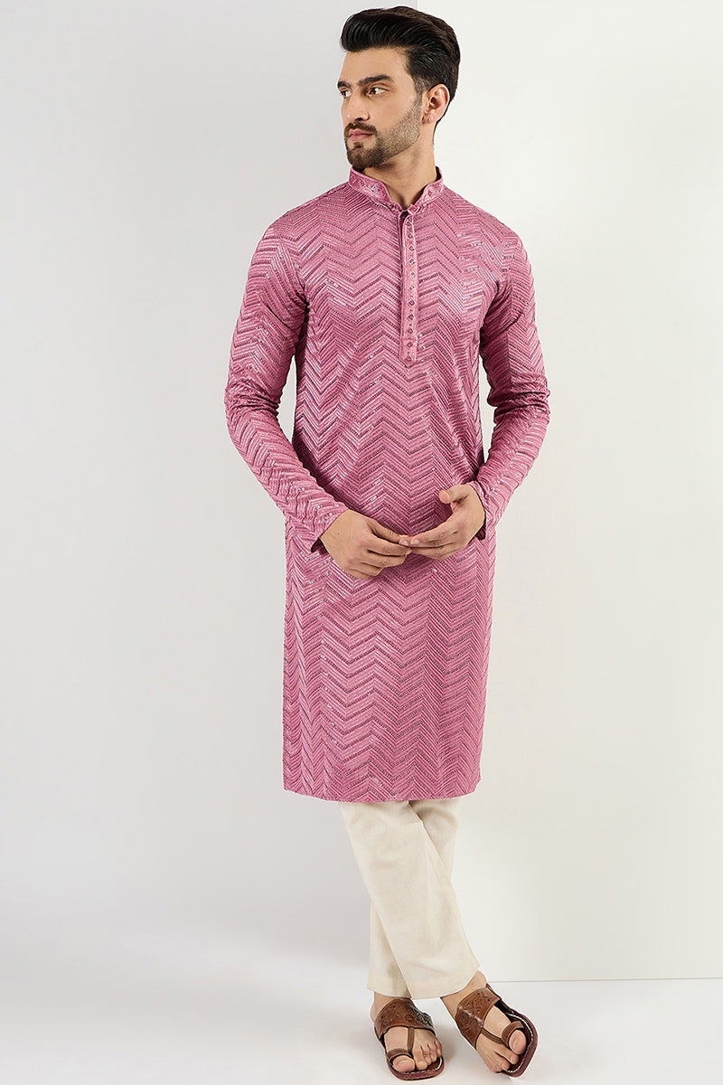 Pink Viscose Rayon Solid Embroidered Straight Kurta For Men MKU1103