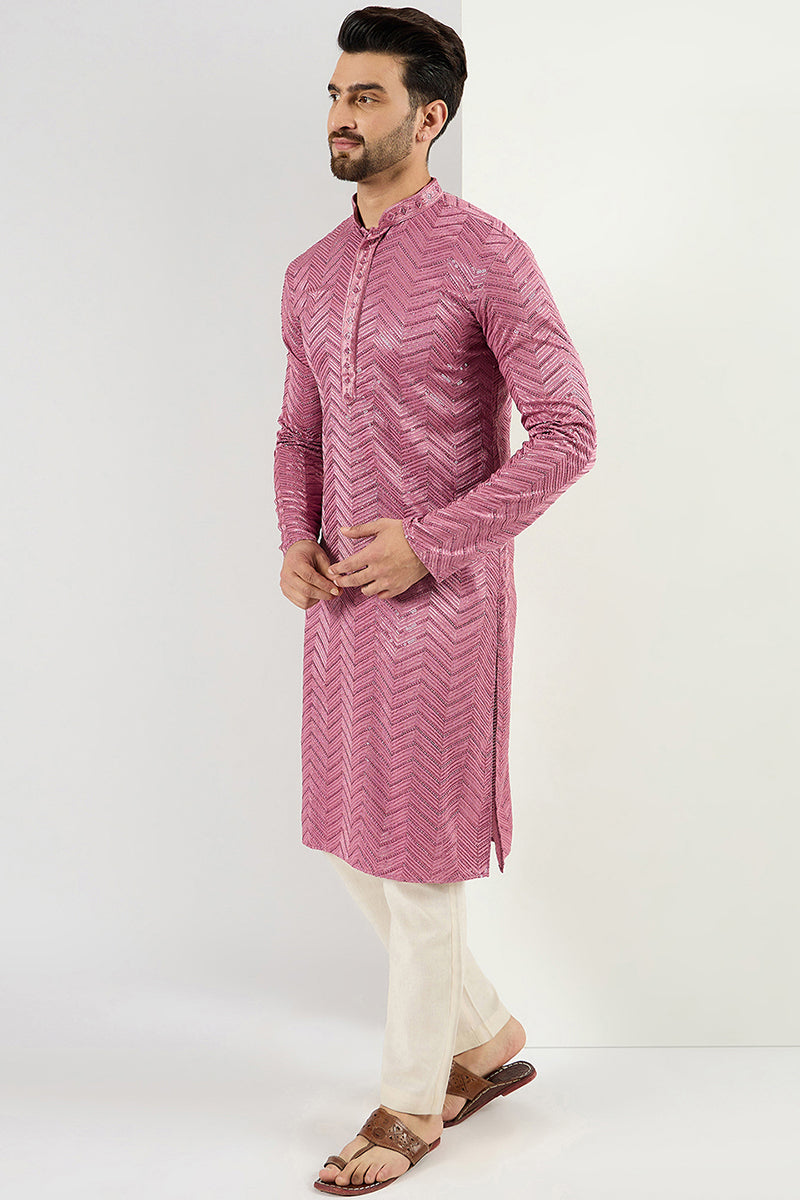 Pink Viscose Rayon Solid Embroidered Straight Kurta For Men MKU1103