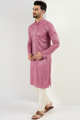Pink Viscose Rayon Solid Embroidered Straight Kurta For Men MKU1103