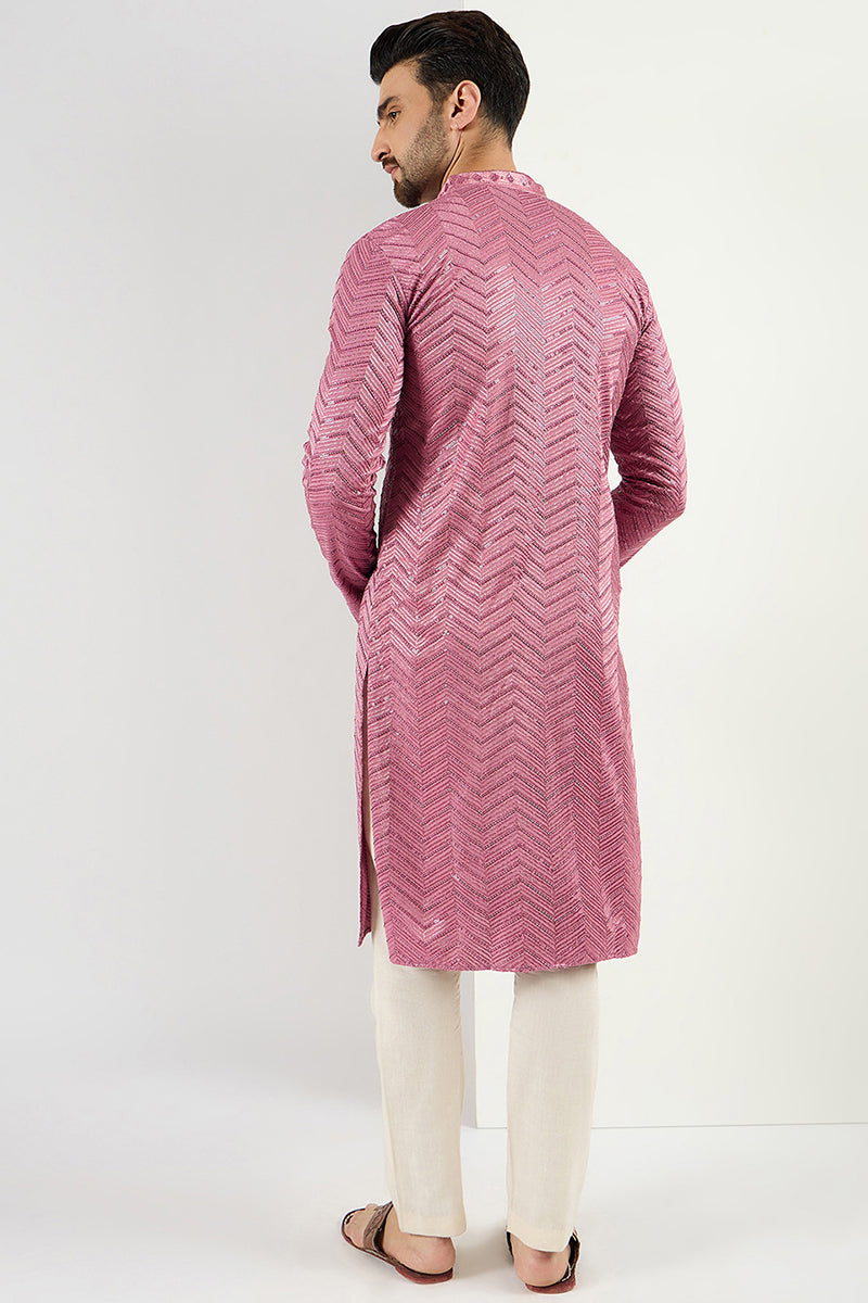 Pink Viscose Rayon Solid Embroidered Straight Kurta For Men MKU1103