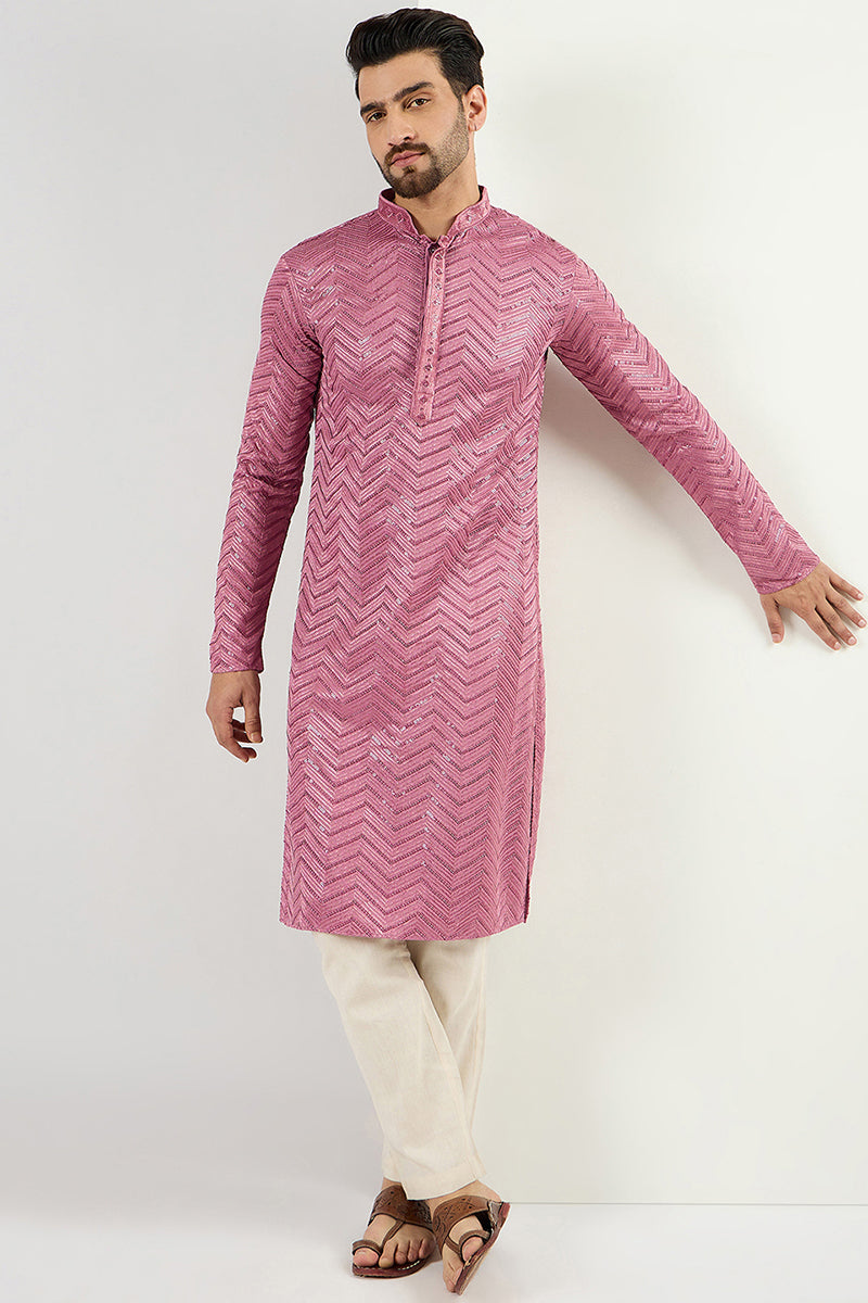 Pink Viscose Rayon Solid Embroidered Straight Kurta For Men MKU1103