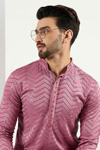 Pink Viscose Rayon Solid Embroidered Straight Kurta For Men MKU1103