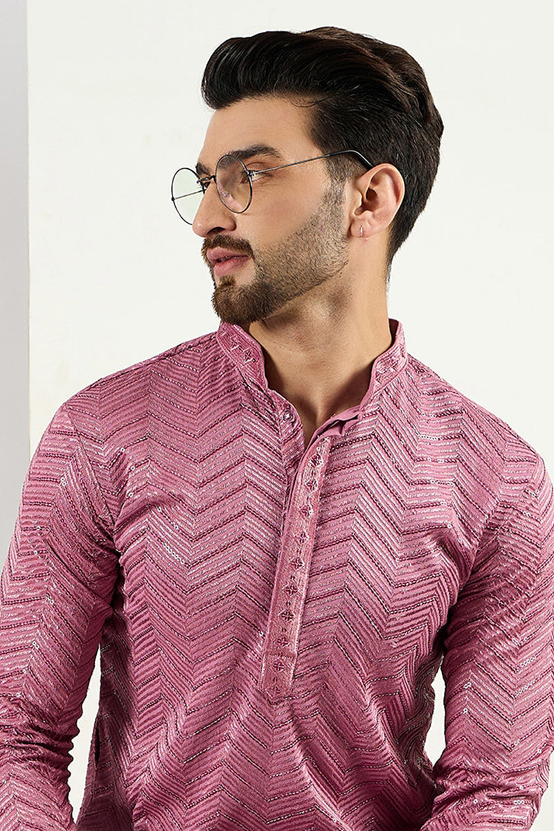Pink Viscose Rayon Solid Embroidered Straight Kurta For Men MKU1103