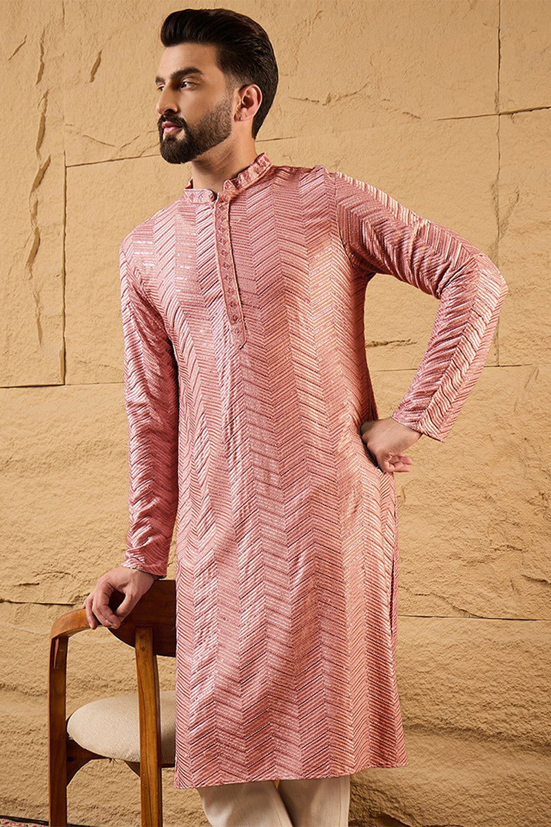 Peach Viscose Rayon Solid Embroidered Straight Kurta For Men MKU1104