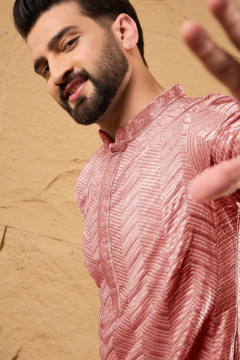 Peach Viscose Rayon Solid Embroidered Straight Kurta For Men MKU1104