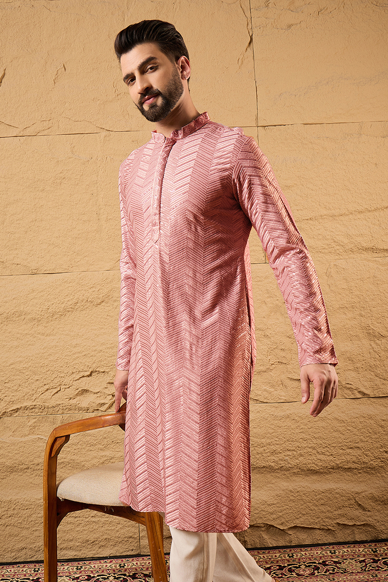 Peach Viscose Rayon Solid Embroidered Straight Kurta For Men MKU1104