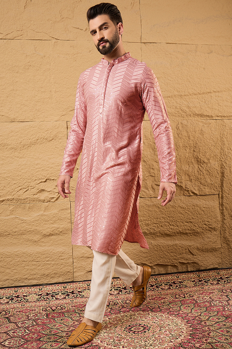 Peach Viscose Rayon Solid Embroidered Straight Kurta For Men MKU1104