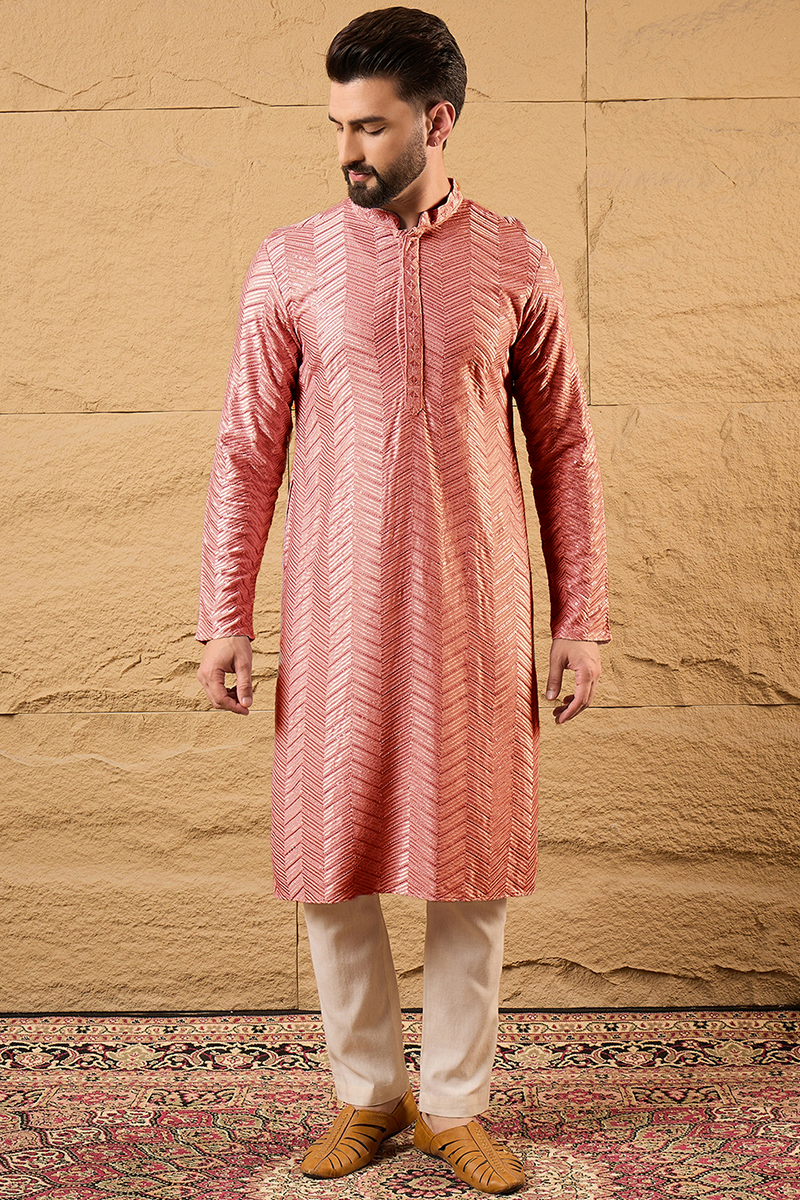 Peach Viscose Rayon Solid Embroidered Straight Kurta For Men MKU1104
