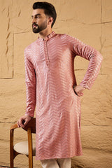 Peach Viscose Rayon Solid Embroidered Straight Kurta For Men MKU1104