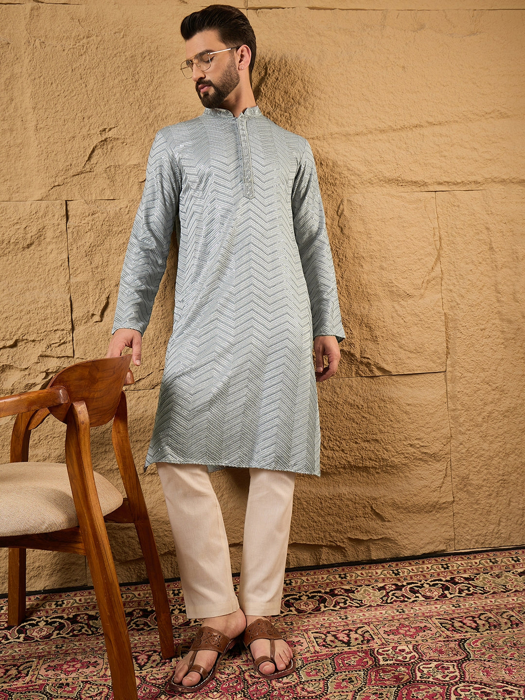 Men Grey Viscose Rayon Solid Embroidered Straight Kurta-MKU1106