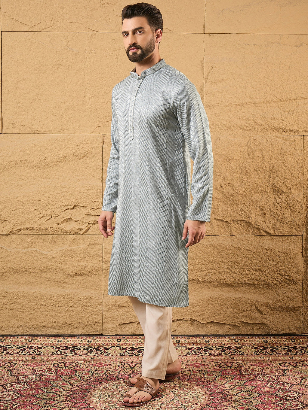 Men Grey Viscose Rayon Solid Embroidered Straight Kurta-MKU1106