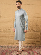 Men Grey Viscose Rayon Solid Embroidered Straight Kurta-MKU1106