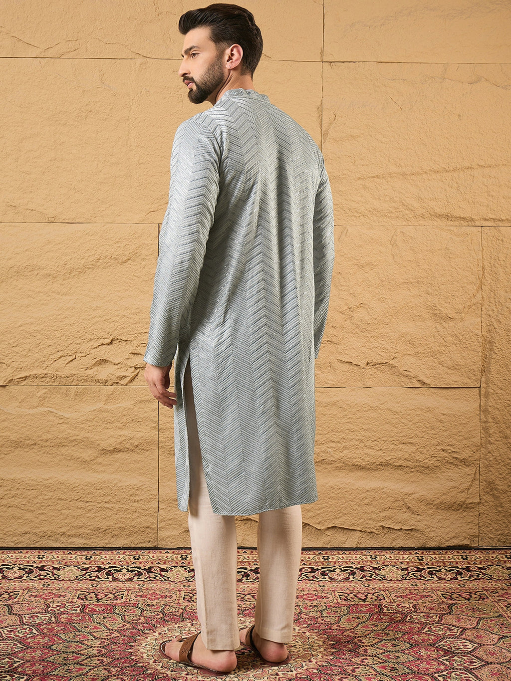 Men Grey Viscose Rayon Solid Embroidered Straight Kurta-MKU1106