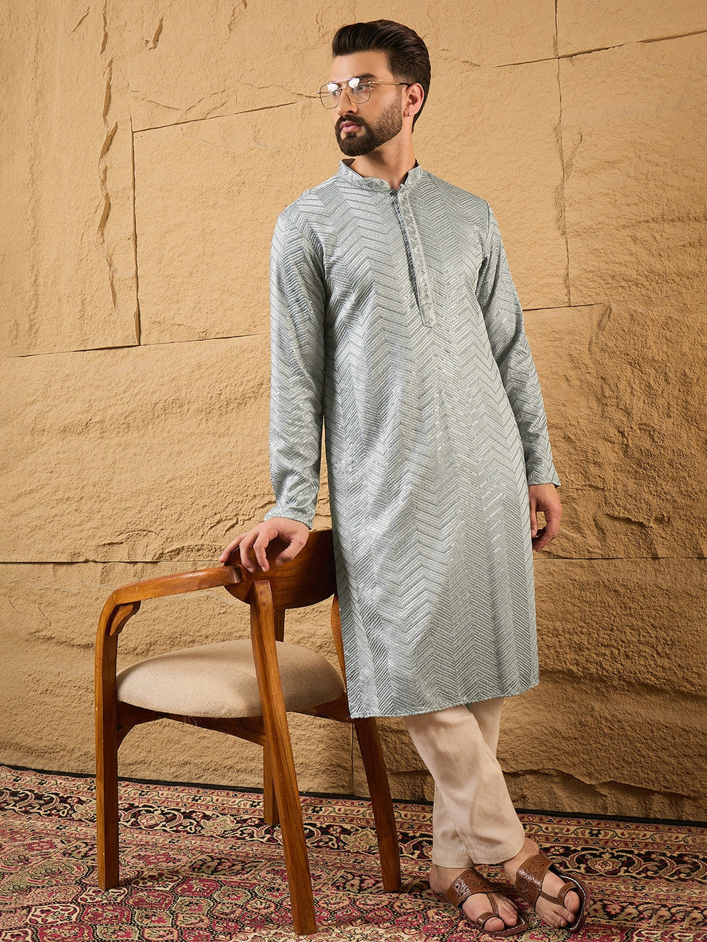 Men Grey Viscose Rayon Solid Embroidered Straight Kurta-MKU1106
