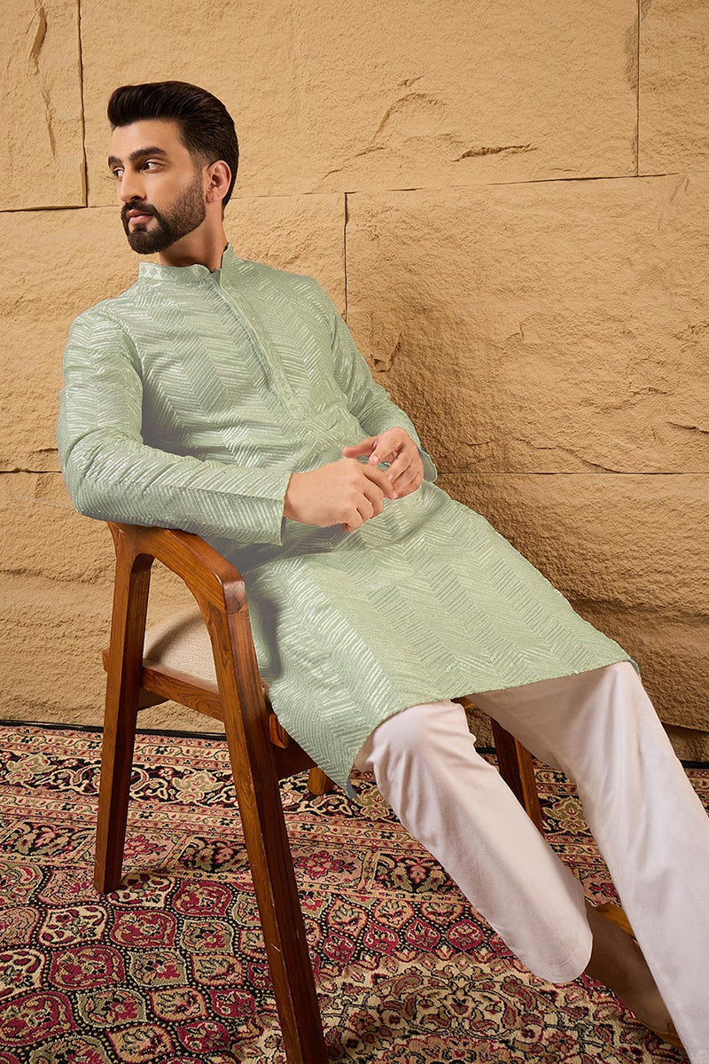 Green Viscose Rayon Solid Embroidered Straight Kurta For Men MKU1109