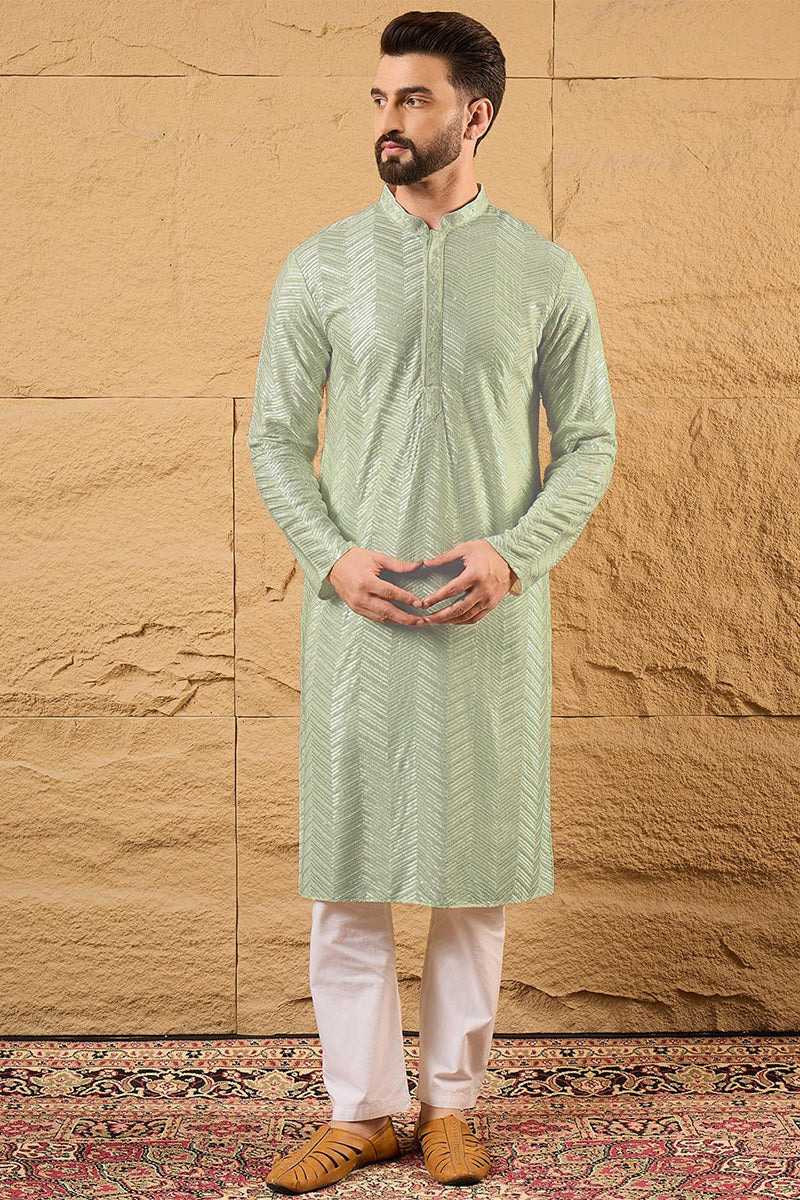 Green Viscose Rayon Solid Embroidered Straight Kurta For Men MKU1109