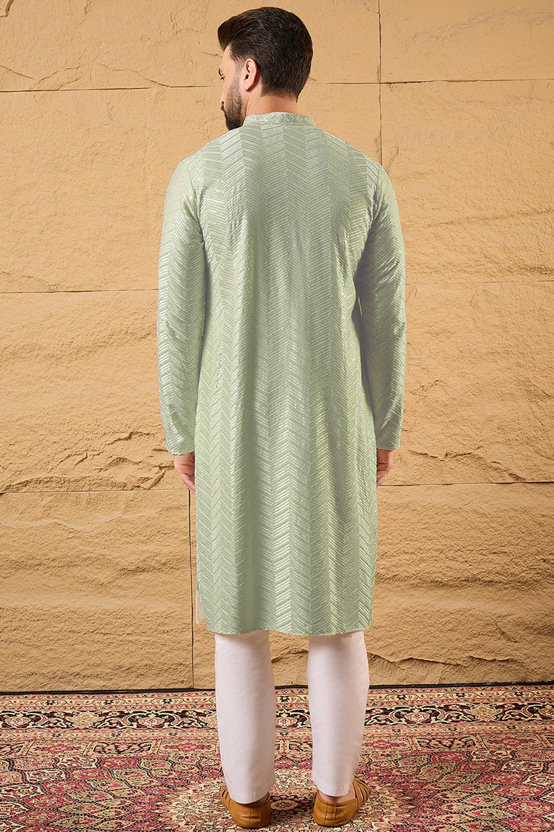 Green Viscose Rayon Solid Embroidered Straight Kurta For Men MKU1109