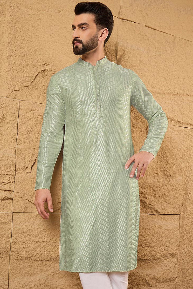 Green Viscose Rayon Solid Embroidered Straight Kurta For Men MKU1109