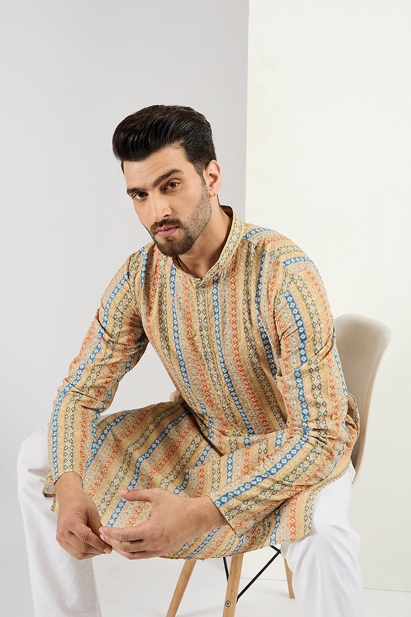 Men Yellow Viscose Rayon Geometric Embroidered Chikankari Straight Kurta MKU1117