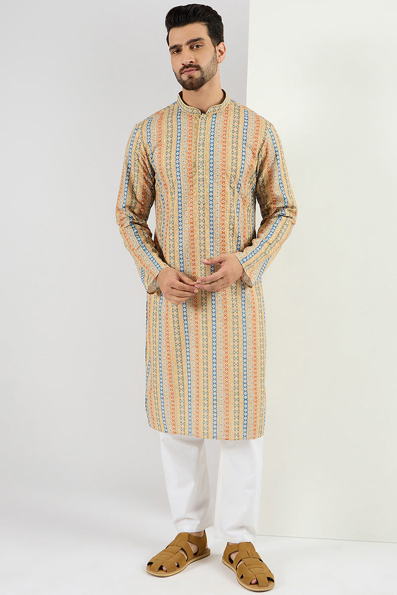 Men Yellow Viscose Rayon Geometric Embroidered Chikankari Straight Kurta MKU1117