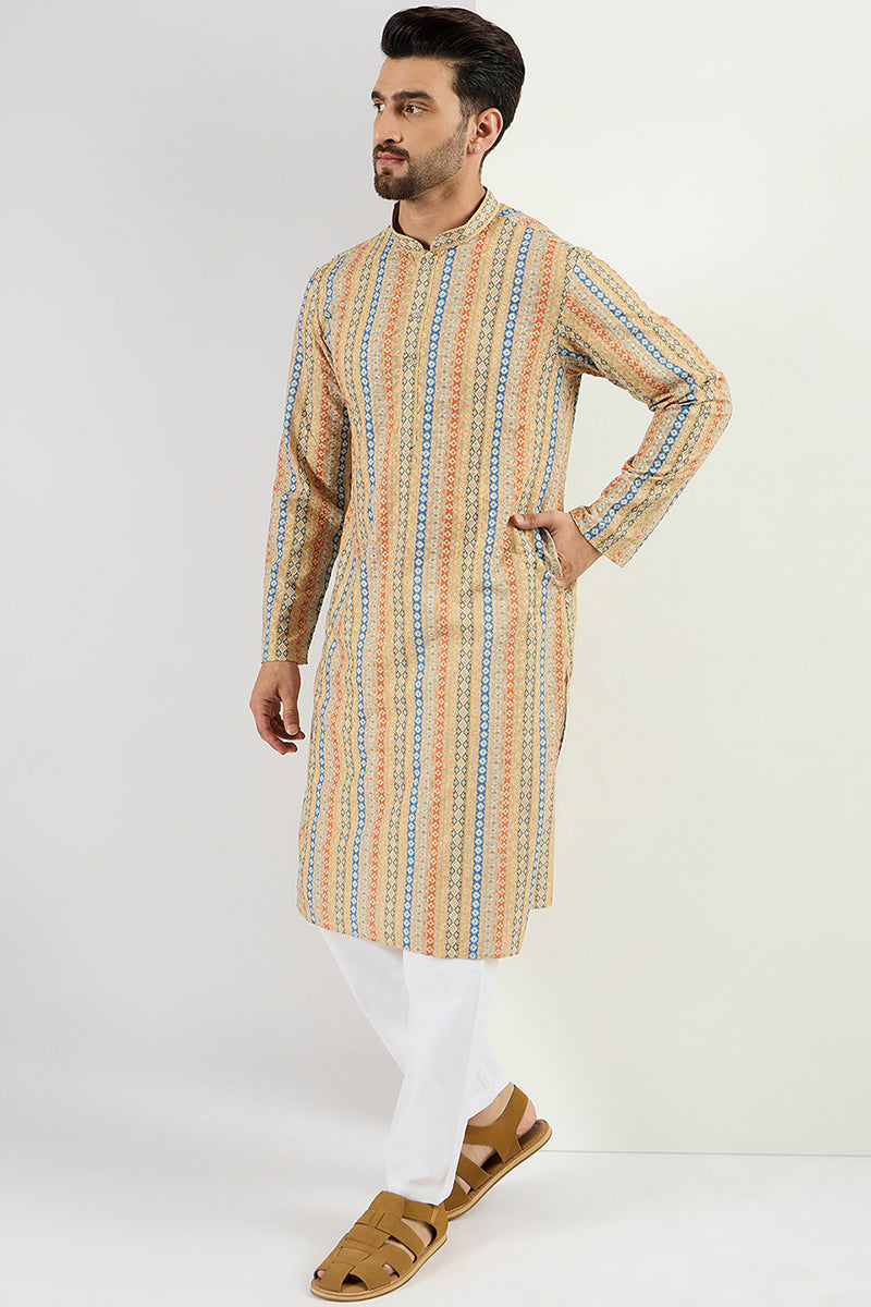 Men Yellow Viscose Rayon Geometric Embroidered Chikankari Straight Kurta MKU1117