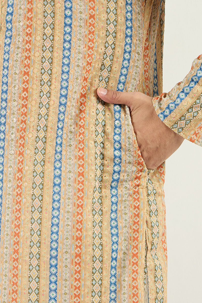 Men Yellow Viscose Rayon Geometric Embroidered Chikankari Straight Kurta MKU1117