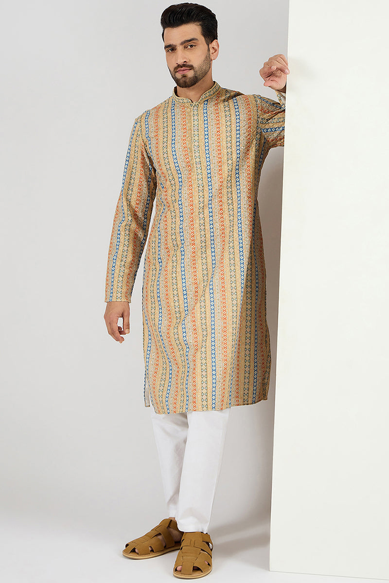 Men Yellow Viscose Rayon Geometric Embroidered Chikankari Straight Kurta MKU1117