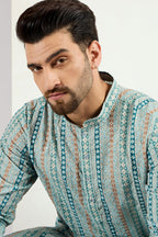 Men Teal Viscose Rayon Geometric Embroidered Chikankari Straight Kurta MKU1118